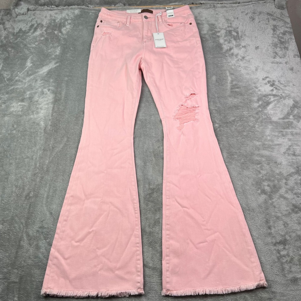Judy Blue Flare Jeans Women 11/30 Pink Solid Distressed Stretch Mid Rise Raw Hem